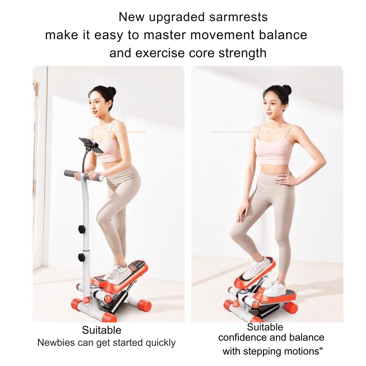 Comparison of JC Health Stepper with handle bar and mini stepper model, highlighting enhanced armrests and suitability for different users