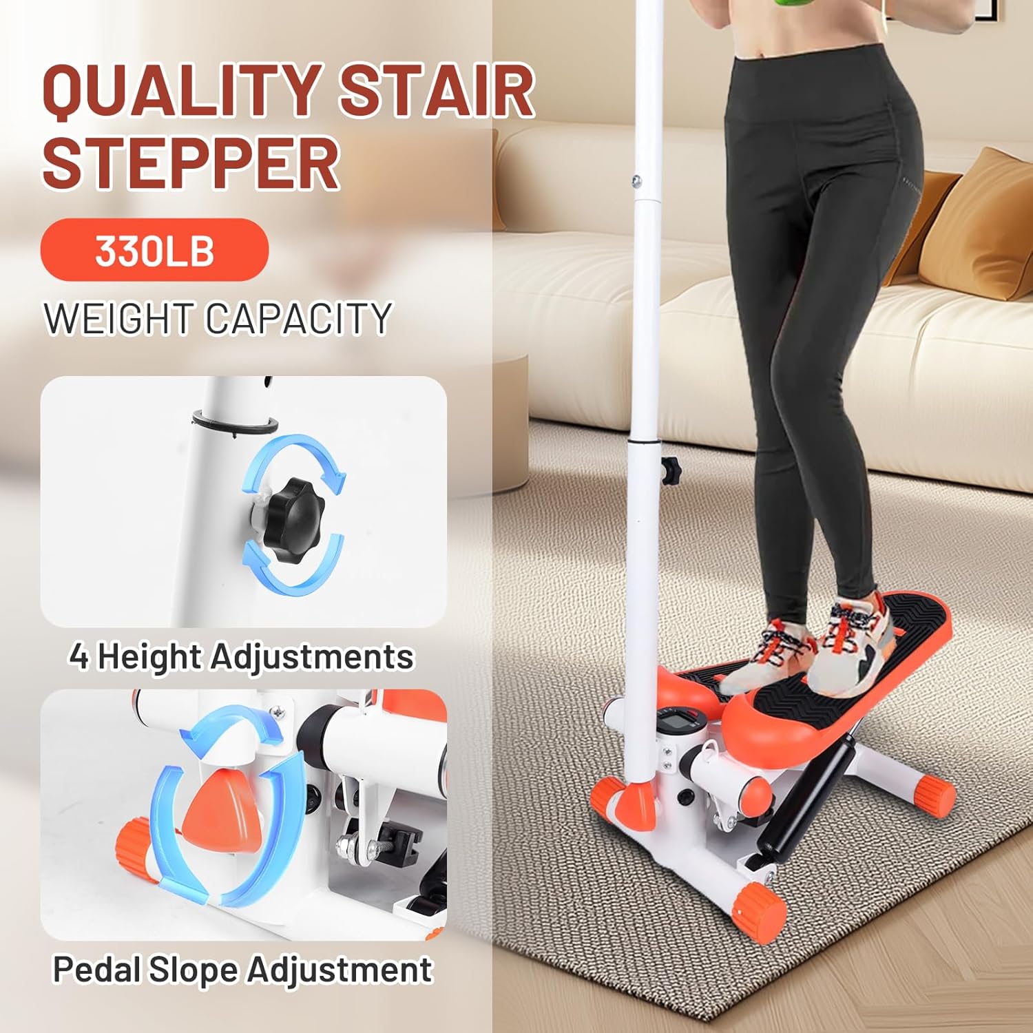JC Health Stepper with handle bar highlighting 330lb weight capacity, 4 height adjustments, and pedal slope adjustment