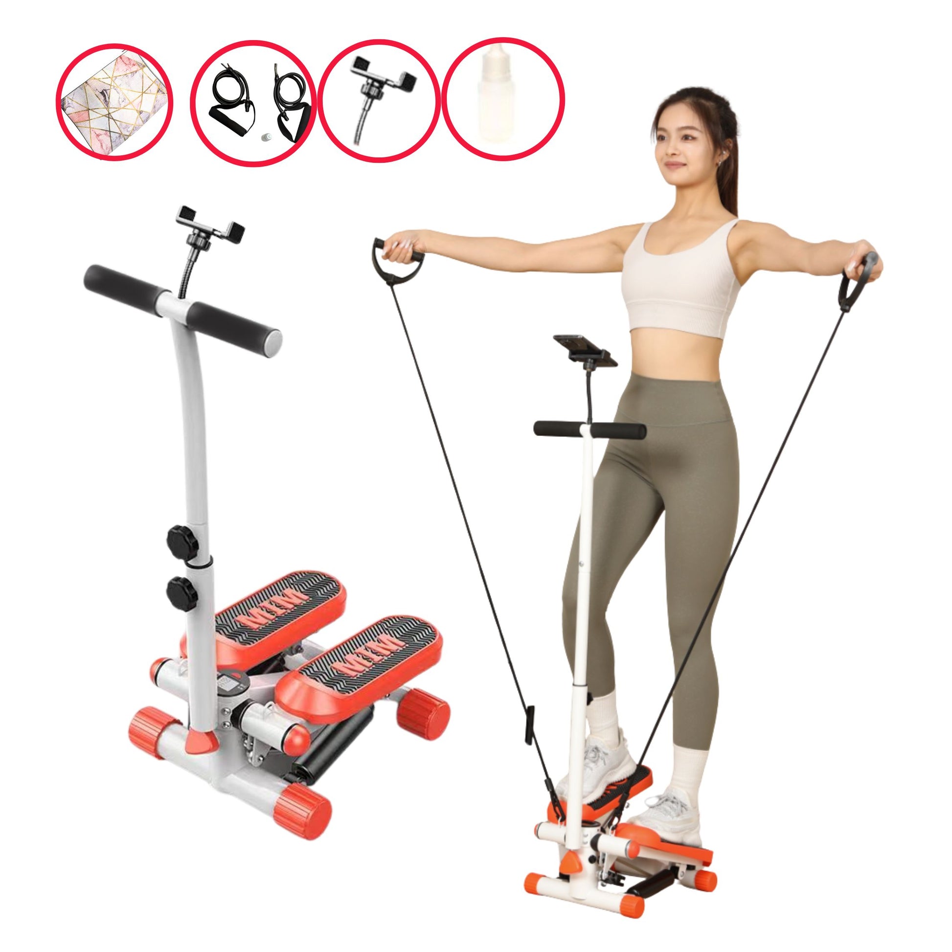 JC Health mini stepper with handlebar, phone stand, and resistance bands, shown with a woman exercising and icons of included accessories: floor mat, resistance bands, phone holder, and lubricant. Ideal for home fitness