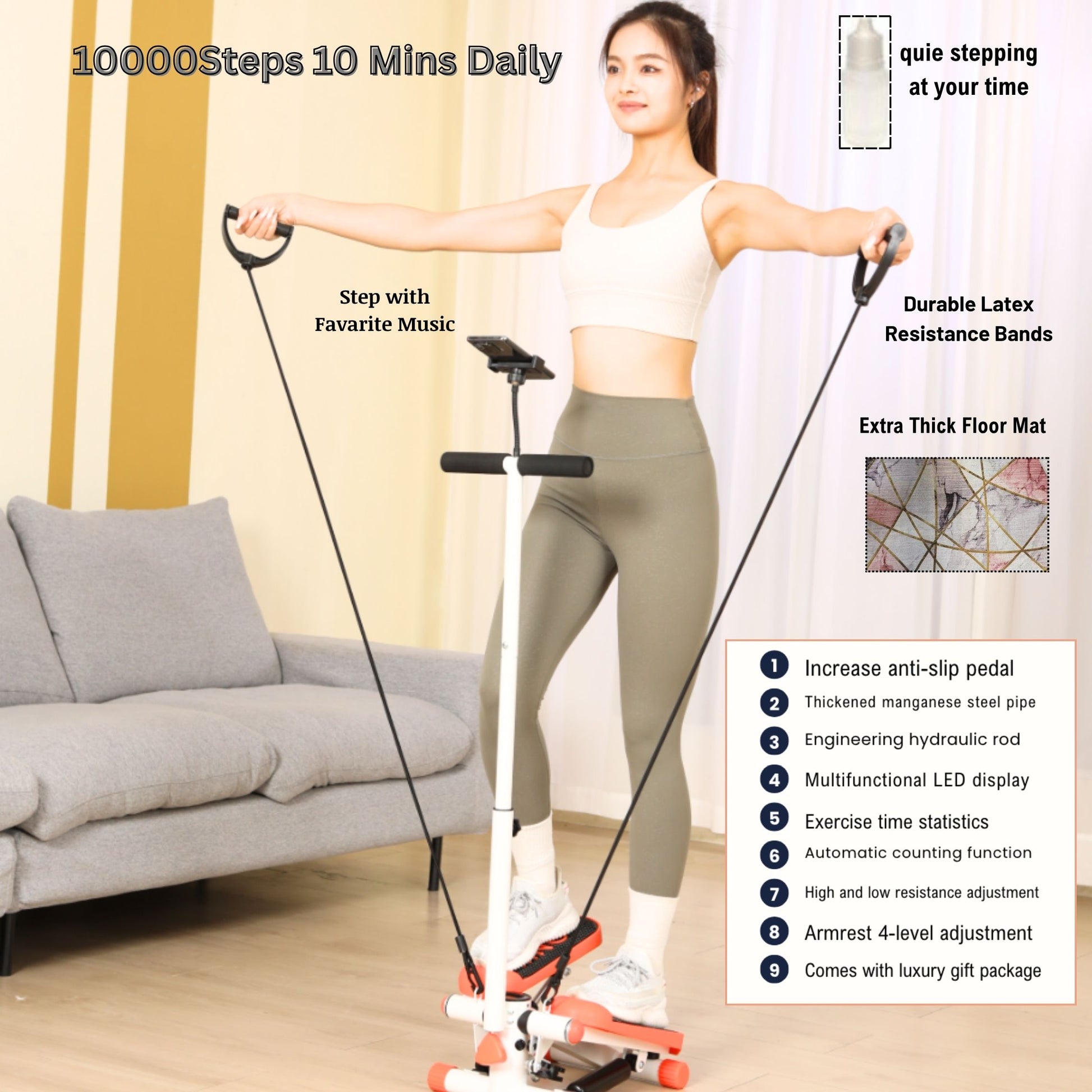 Woman exercising on JC Health mini stepper with resistance bands in a living room, showing phone stand and text overlays: "10000 Steps 10 Mins Daily", "Step with Favorite Music", "quiet stepping at your time", "Durable Latex Resistance Bands", "Extra Thick Floor Mat", and a list of 9 key features