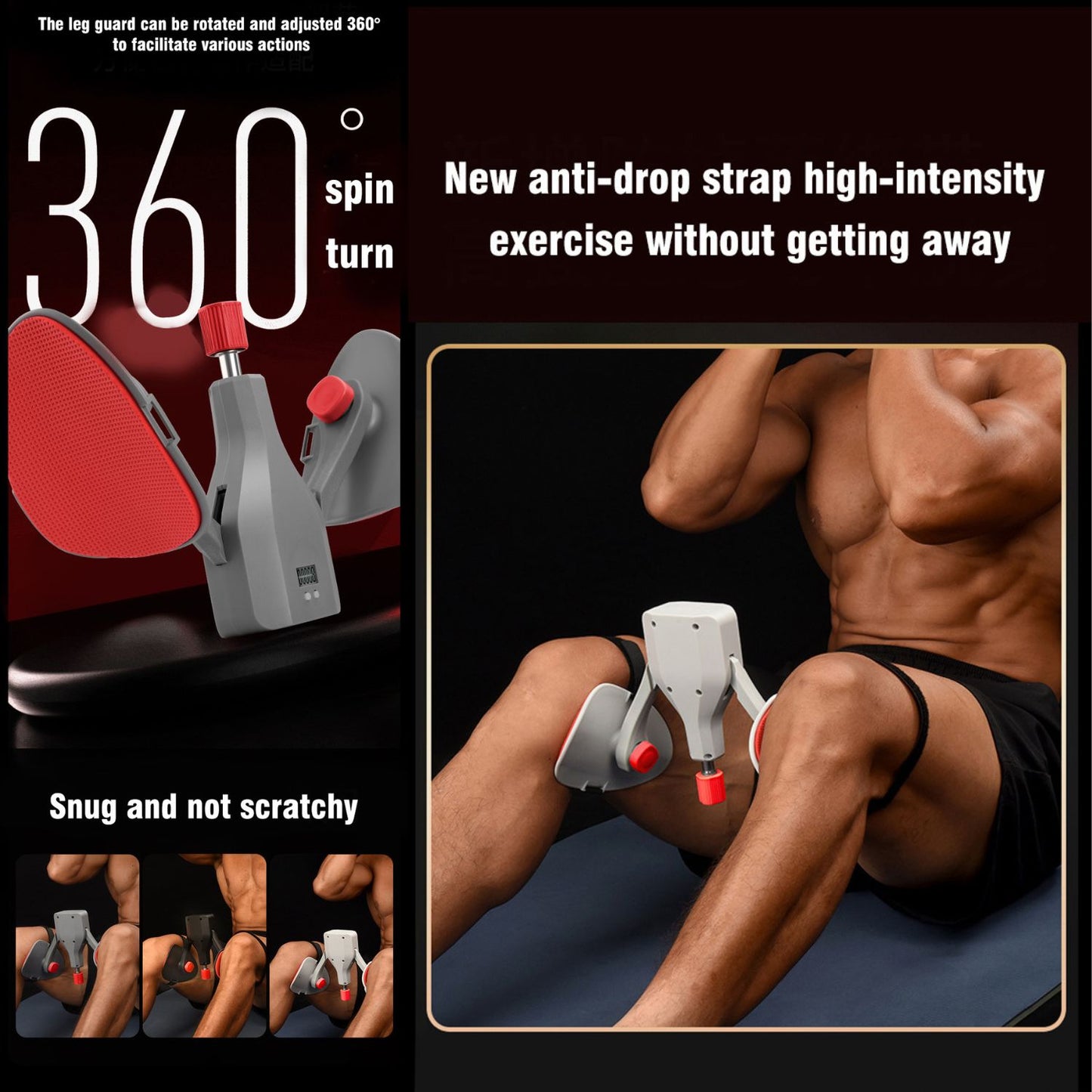 JC Health Thigh Master showing 360-degree leg guard spin and new anti-drop strap for secure exercise