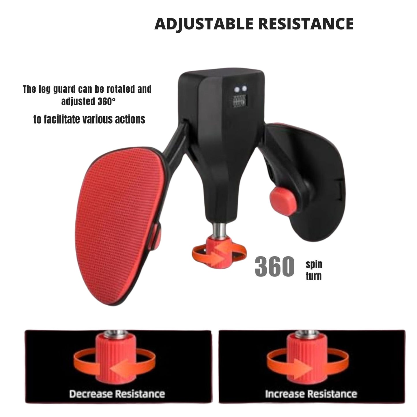 JC Health Thigh Master illustrating how to increase and decrease adjustable resistance with a red knob