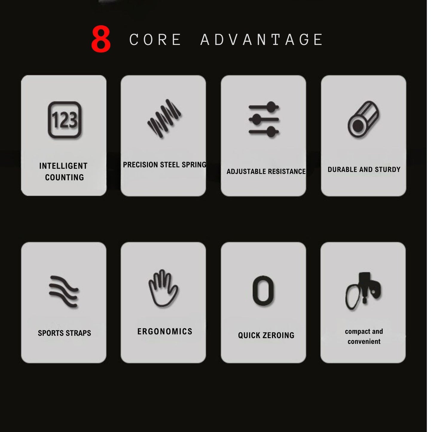 8 core advantages: intelligent counting, precision spring, adjustable resistance, durable, sports straps, ergonomics, quick zeroing, compact