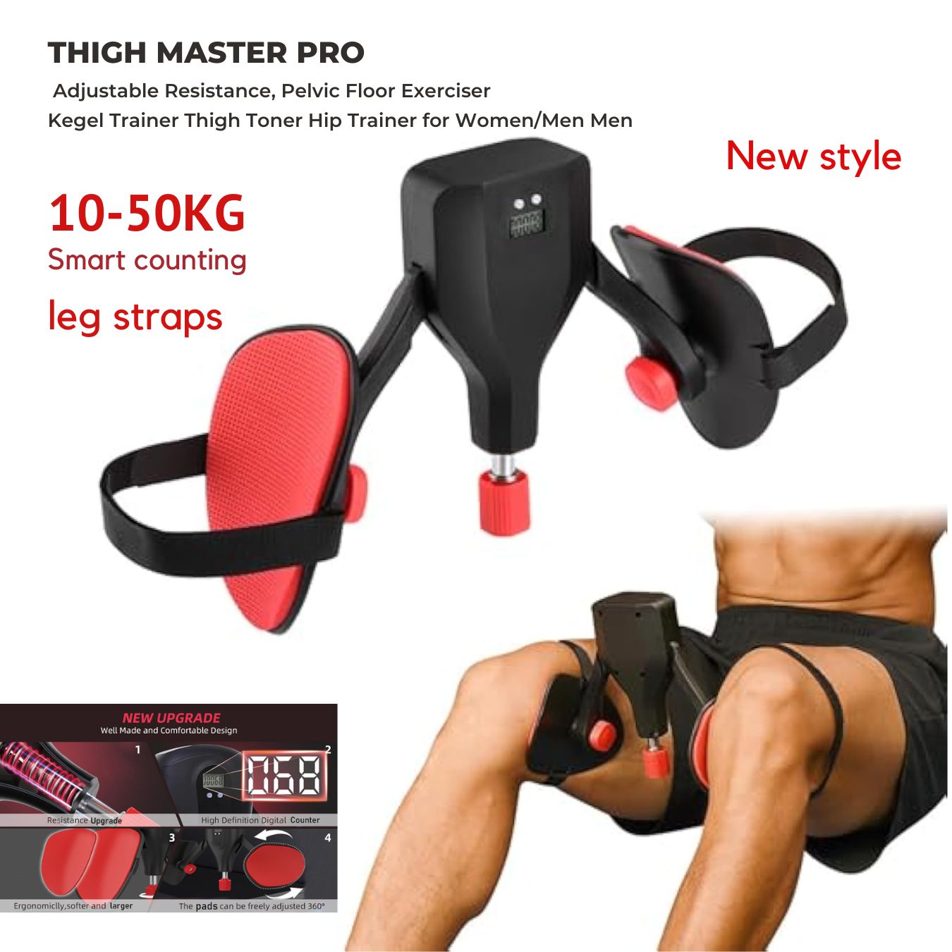 Male model using the JC Health Thigh Master for leg and pelvic floor exercise, showing adjustable resistance and smart counting