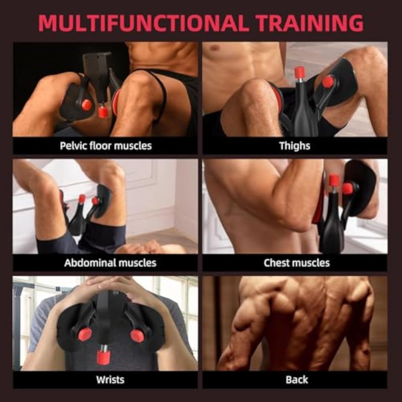 JC Health Thigh Master demonstrating multifunctional training for pelvic floor, thighs, abdominal, chest, wrists, and back muscles