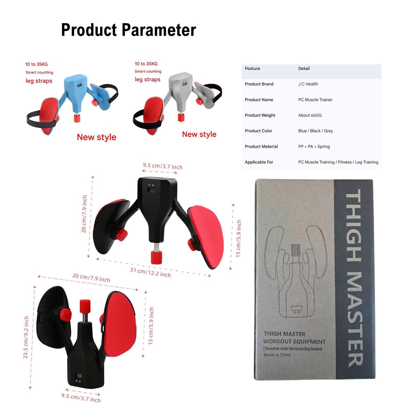 JC Health Thigh Master product parameters, size dimensions, and available colors (blue, black, grey) with new style leg straps
