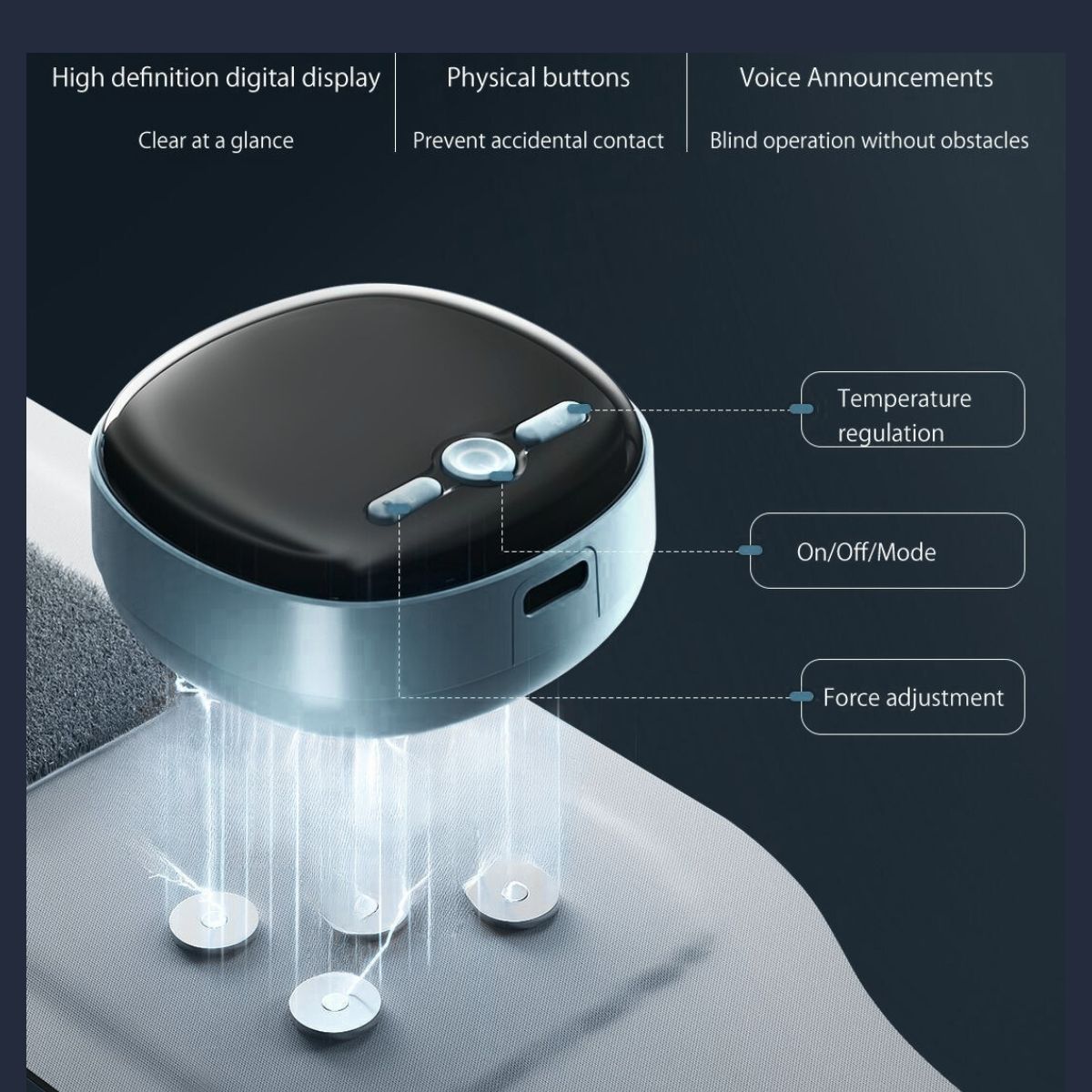 Close-up of the JC Health 3-in-1 Hand & Wrist Massager controller, showing digital display, physical buttons, and adjustment features