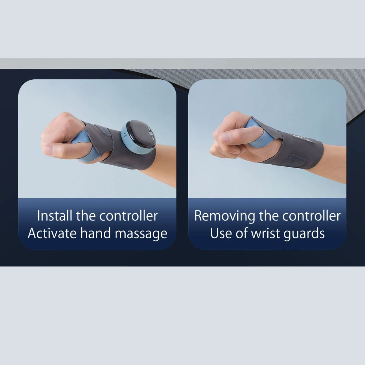 JC Health 3-in-1 Hand & Wrist Massager demonstrating how to install and remove the controller for hand massage or wrist guard use