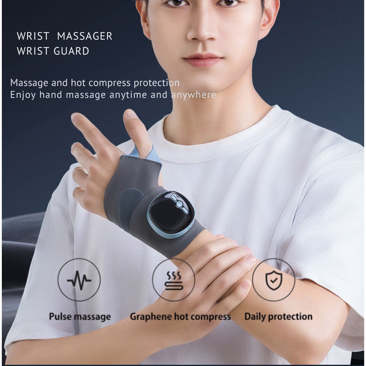 Male model wearing JC Health 3-in-1 Hand & Wrist Massager, highlighting pulse massage, graphene hot compress, and daily protection