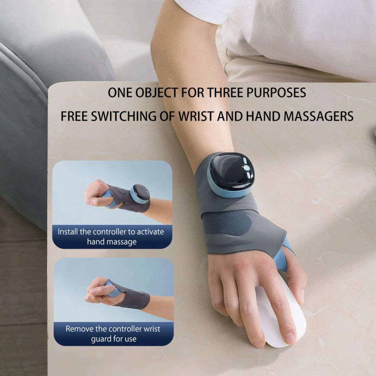 Person using JC Health 3-in-1 Hand & Wrist Massager, demonstrating switching between hand and wrist massage modes