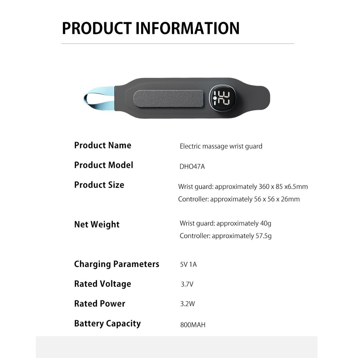 Product information table for JC Health 3-in-1 Hand & Wrist Massager, detailing product name, model, size, weight, and battery specs