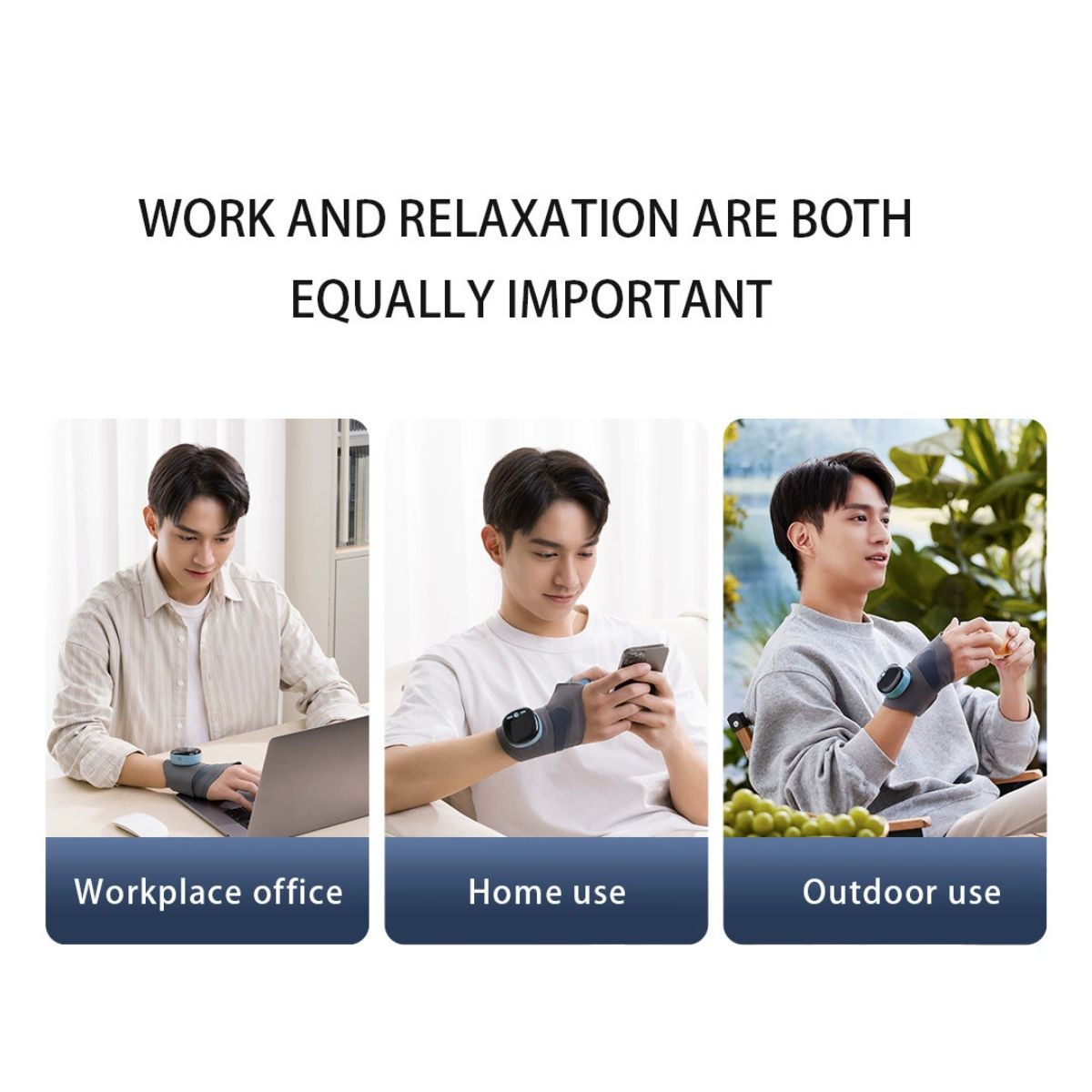 3-in-1 Hand & Wrist Massager being used in office, home, and outdoor relaxation settings.