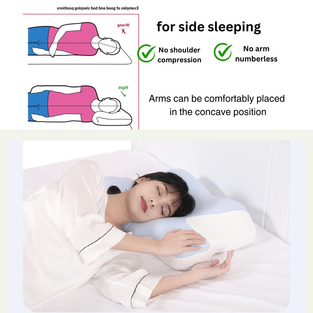 A woman sleeping on her side with the J C Health pillow, which has an ergonomic design to prevent shoulder compression and numbness.