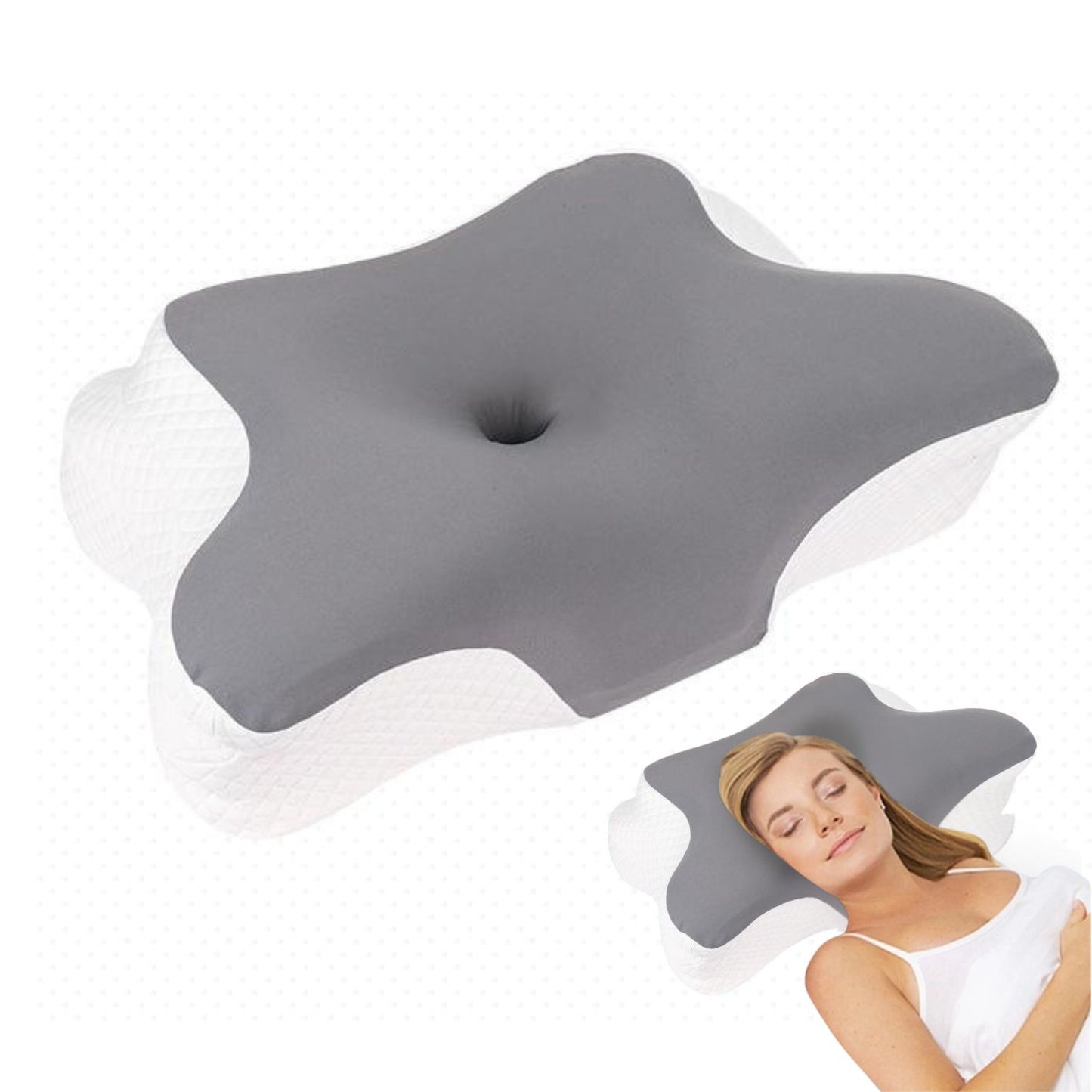 The JCHEALTH adjustable height cervical pillow on a clean white background, showcasing its unique butterfly contour shape.
