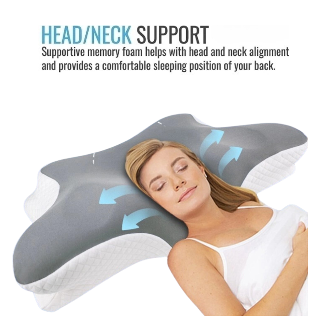 A person sleeping comfortably on their back, showing how the JCHEALTH cervical pillow fits the curve of the neck.