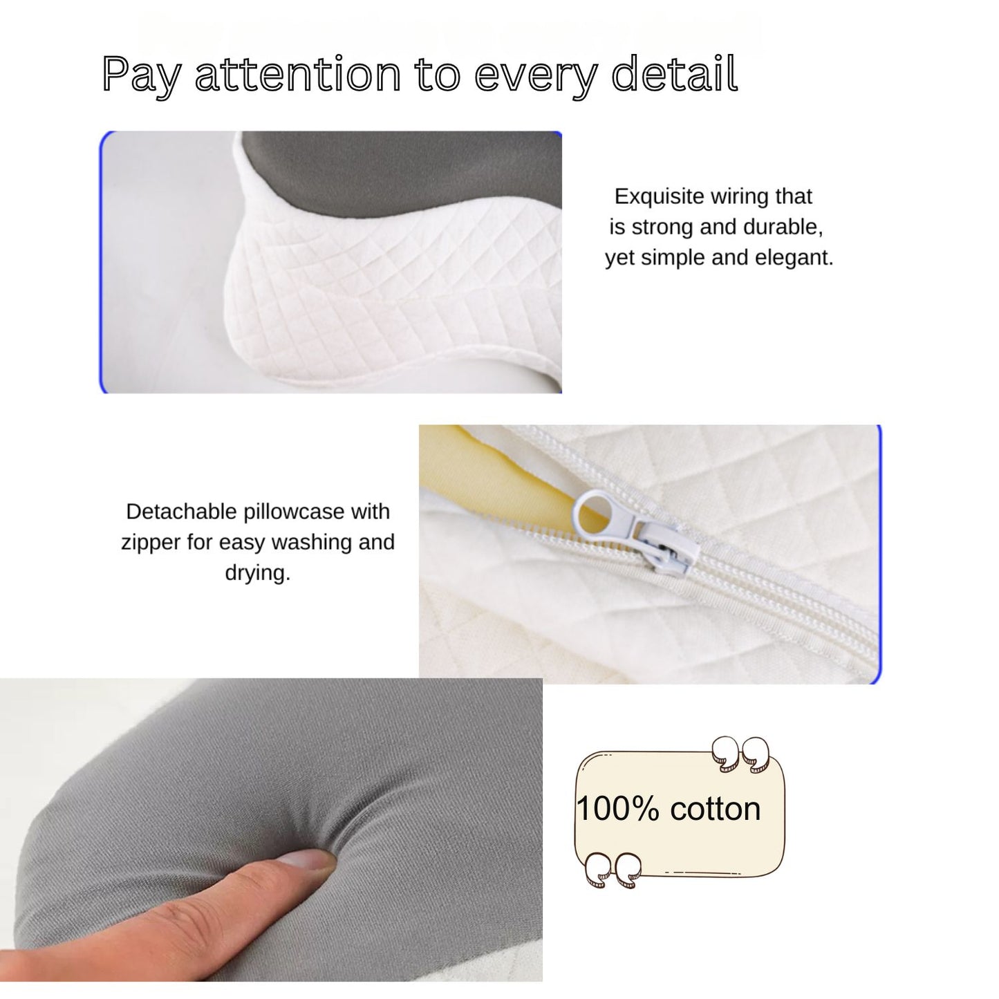 A close-up detail of the JCHEALTH pillow's soft, breathable cotton-tencel blend cover and quality zipper.