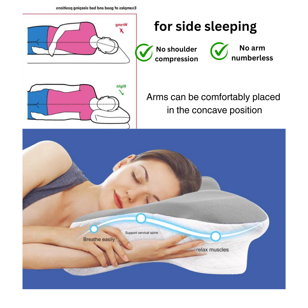 A person sleeping on their side on the JCHEALTH cervical pillow, showing how the contour supports the shoulder and head.