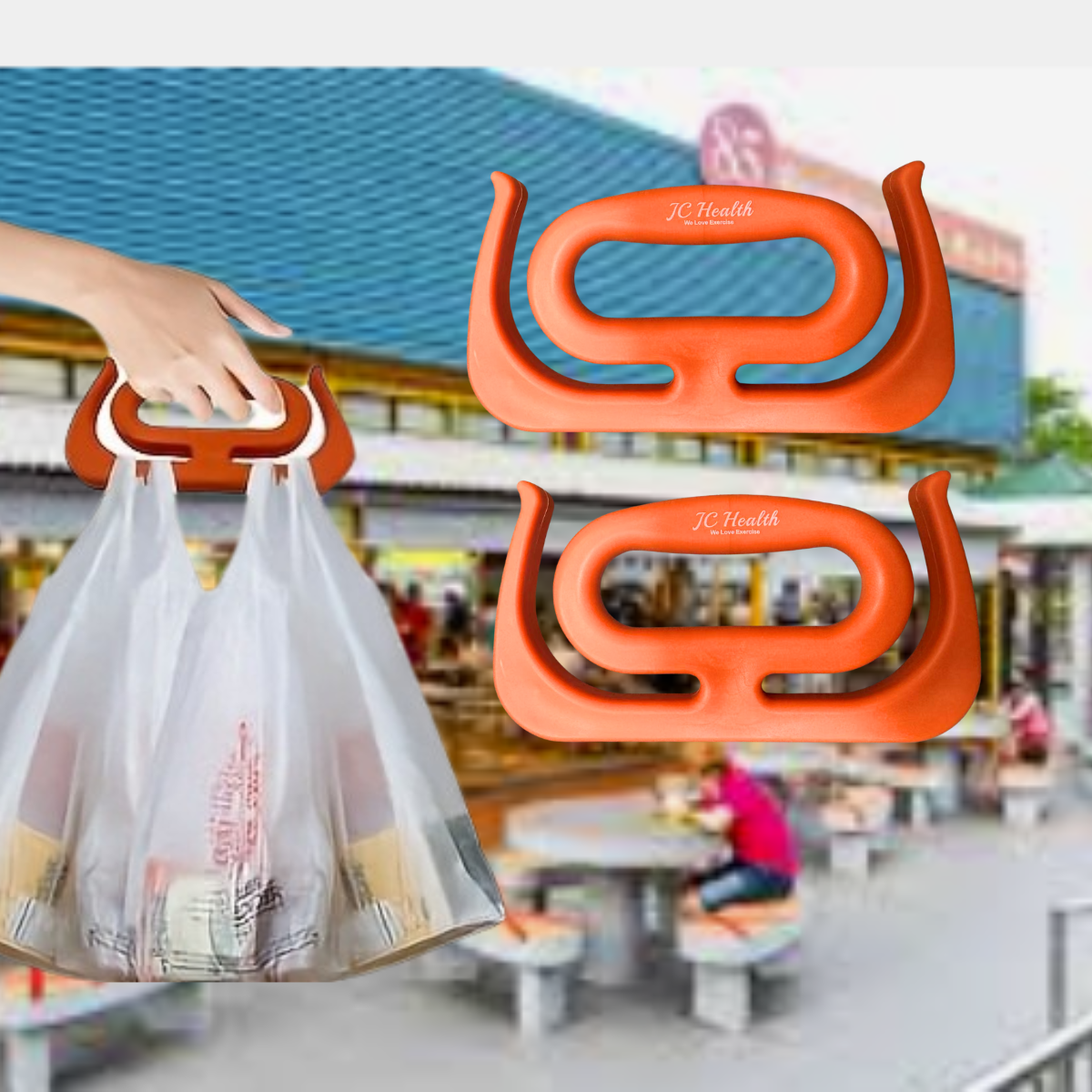 Orange J.C. Health HandCarry Handles shown in use with full plastic bags against a blurred background of a typical Singapore neighborhood basar (wet market), illustrating how these carriers make basar shopping easy by reducing hand strain from multiple fresh food and takeaway bags.