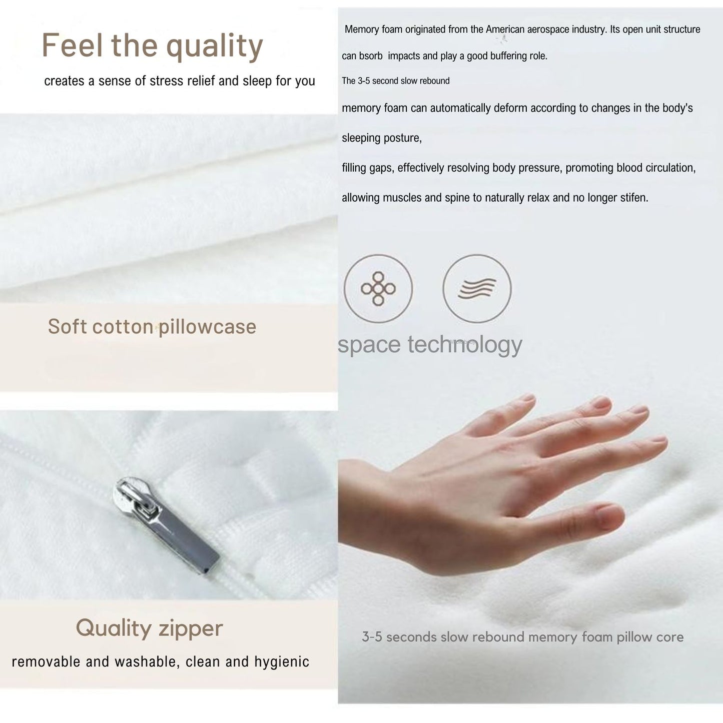 A hand pressing into the JCHEALTH pillow, illustrating the 5-second slow rebound of the high-density memory foam.