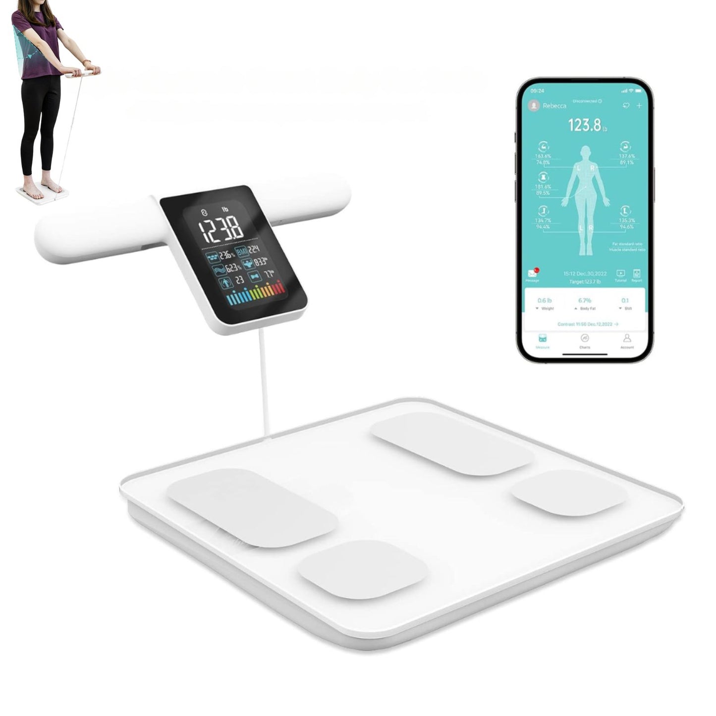 JCHealth Pro Smart Body Scale Product Specifications and Features - White 8-Electrode BIA Scale with 28 Health Metrics