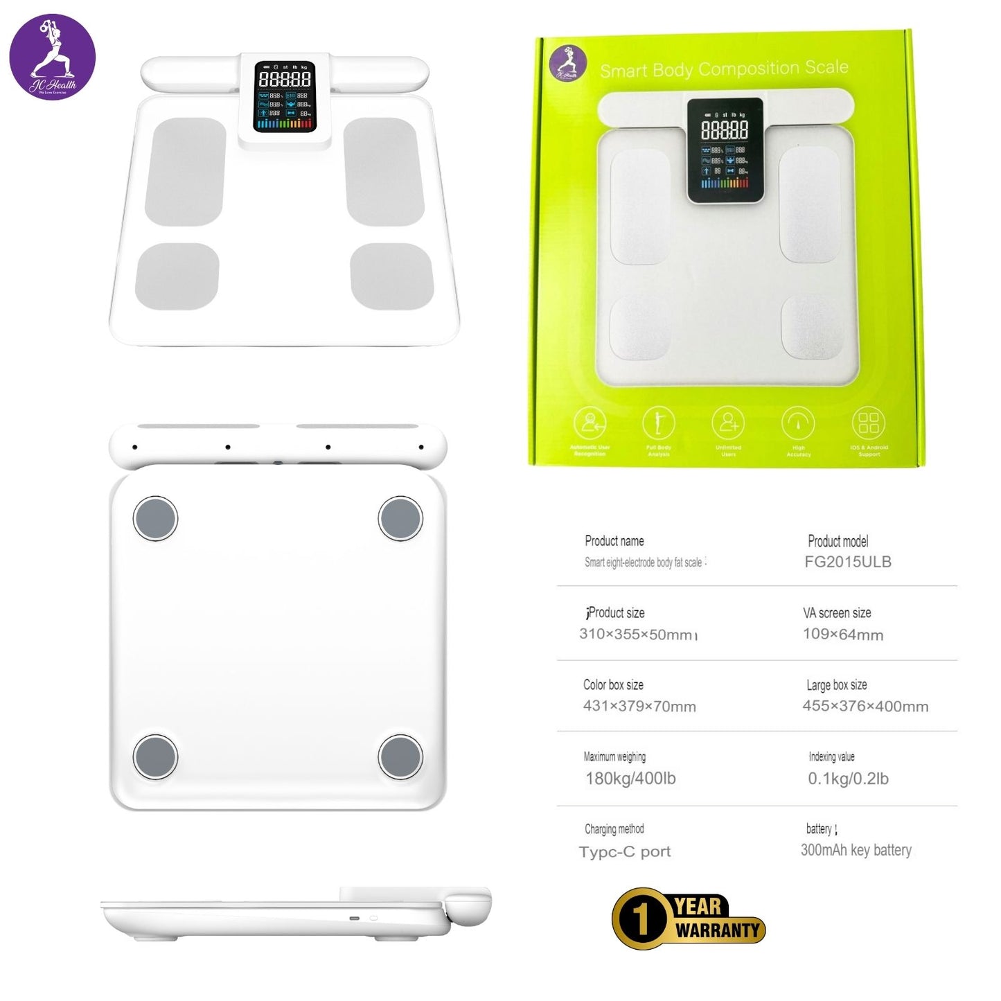JCHealth Pro Smart Body Scale Product Specifications and Features - White 8-Electrode BIA Scale with 28 Health Metrics