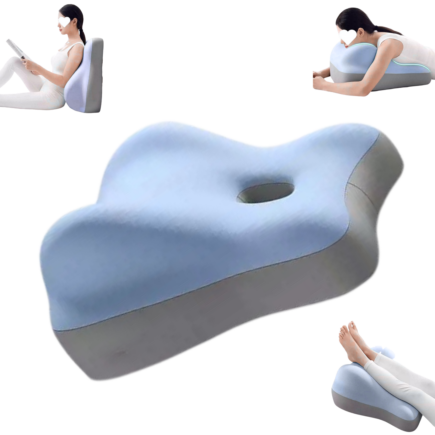 light blue 4-in-1 multi-purpose lounge cushion shown in three positions: upright bed backrest for reading, prone phone browsing support, and ergonomic leg elevation for muscle relaxation