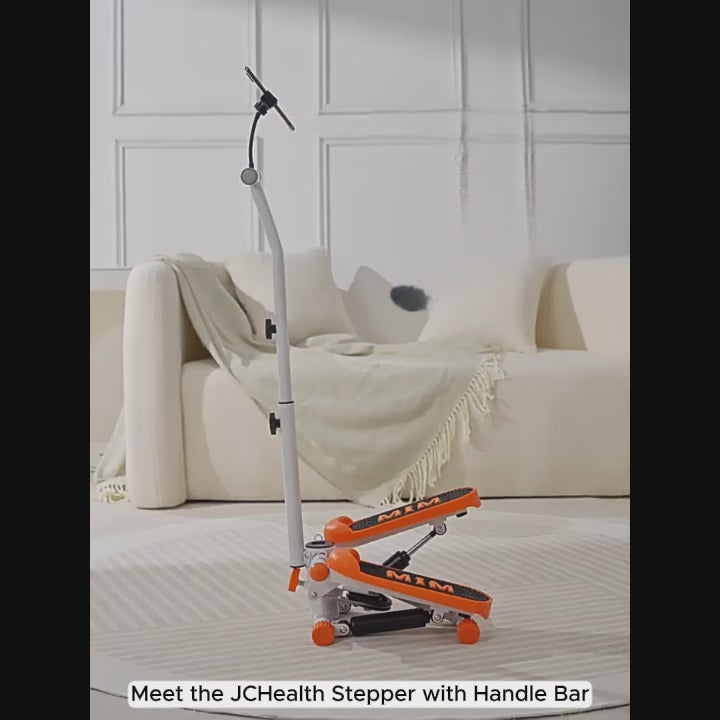 Lady exercising on JCHealth Stepper with Handle Bar in living room, watching video on phone stand, demonstrating adjustable slope for easy customization to achieve 10,000 steps daily at home.