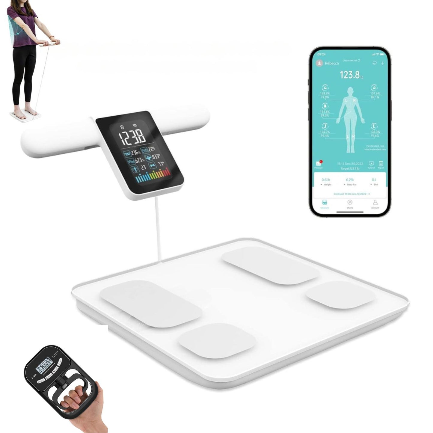 JCHealth AgeFearless™ Elite Strength& Wellness Bundle: 8-Electrode White Scale + Grip Dynamometer