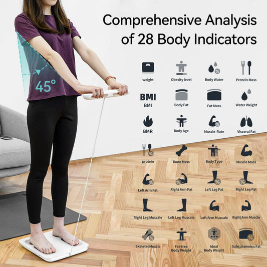 A woman standing barefoot on a smart scale and holding the handlebar electrodes, demonstrating the use of an advanced 8-electrode, dual-frequency BIA analyzer for full body composition analysis