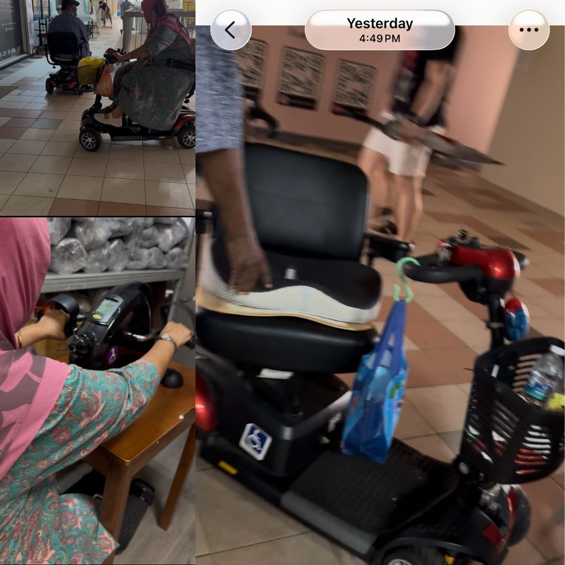 Two elderly Malay seniors riding Personal Mobility Aids (PMA mobility scooters) visit the barrier-free JC Health showroom at Waterloo Centre in Singapore to test an at-home mini exercise bike and orthopaedic seat cushions.