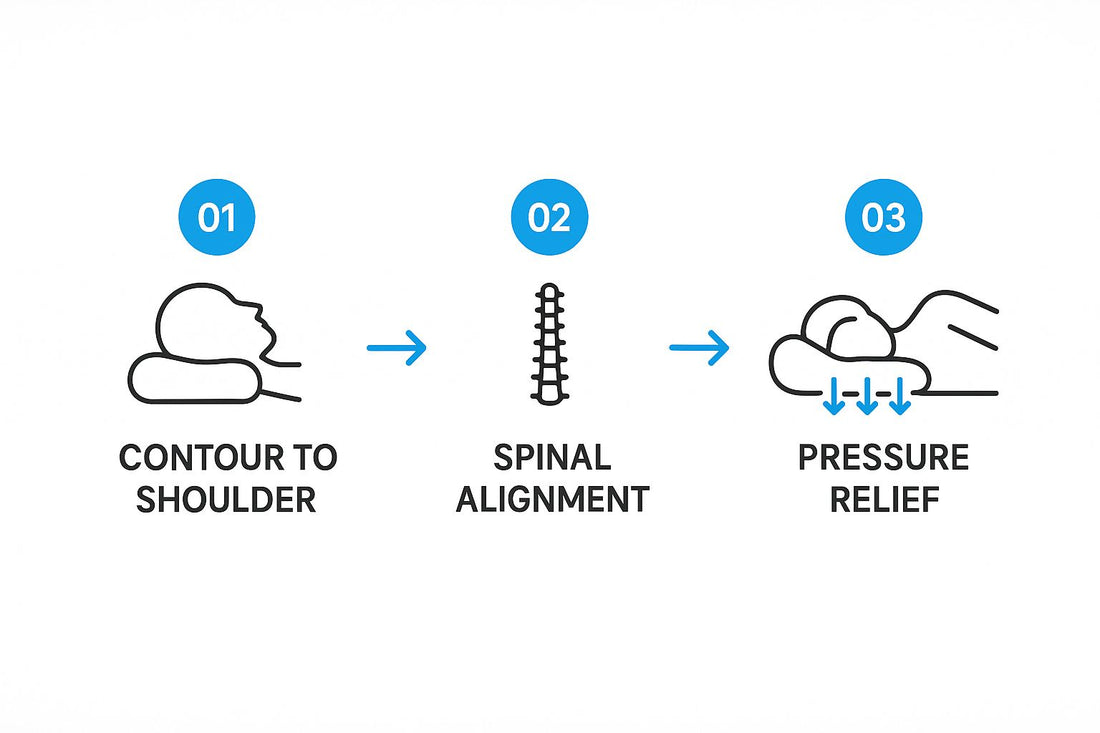 Diagram showing cervical pillow benefits: 01 contour to shoulder, 02 spinal alignment, 03 pressure relief for neck pain