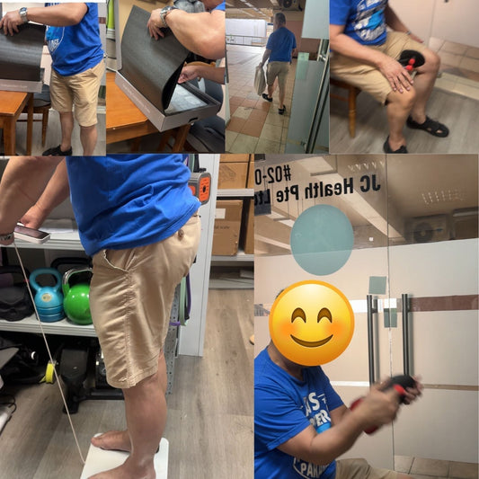 A 50+ year old customer testing the JC Health Pro 8-Electrode Smart Scale and Tight Master Pro at our Singapore showroom located at 261 Waterloo Street. 新加坡顾客在滑铁卢街实体店体验8电极智能体脂秤和智能盆底肌大腿训练器