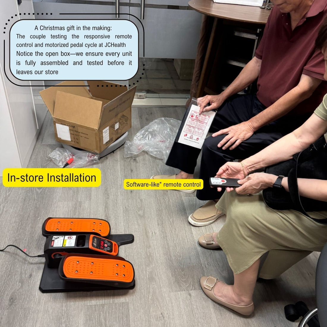 Elderly couple testing JC Health Electric Mini Elliptical with remote control at Bugis Boutique Singapore