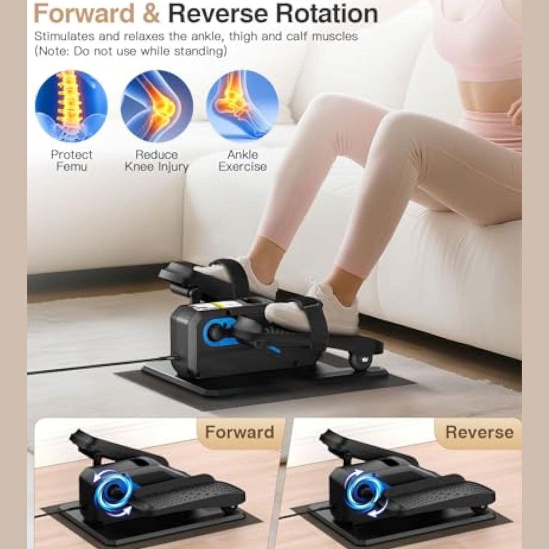 a lady sit on sofa with mini elliptical exercise, forward & reverse rotation with auto mode P1, preset programe for 20mins automaticaly, working for leg musle gently