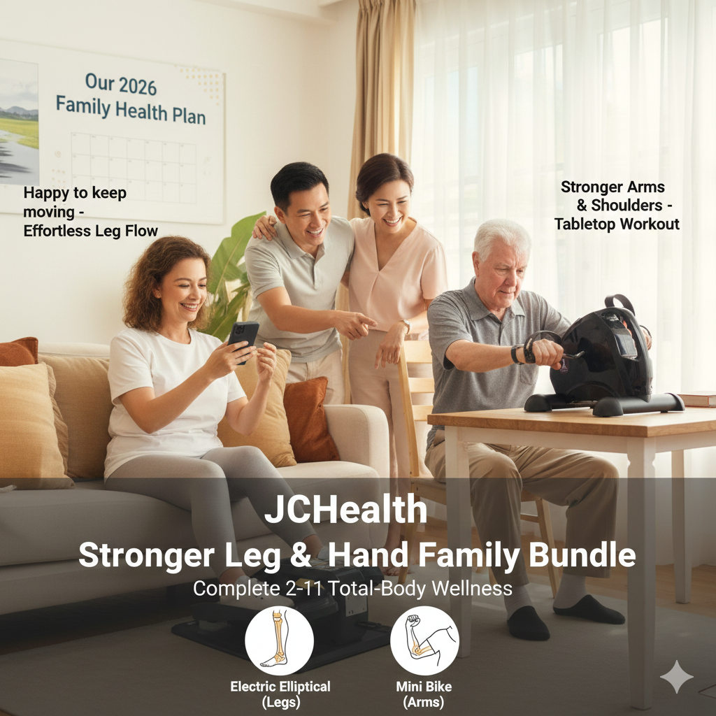 Caregiver and family supporting a senior exercising at home in Singapore using JCHealth’s leg and hand fitness bundle for active aging in 2026