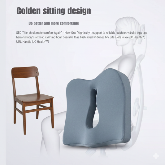 Blue ergonomic seat cushion and wooden chair illustrating 'Golden sitting design' for healthy posture and relief from sitting pain