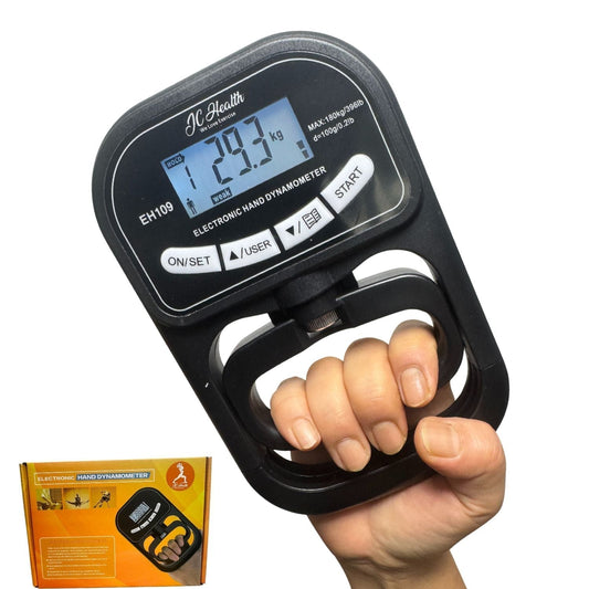 A person holding the JC HEALTH EH109 Electronic Hand Dynamometer to measure grip strength. The digital screen shows a reading of 29.3 kg with a 'weak' status indicator, highlighting its use for health monitoring and recovery
