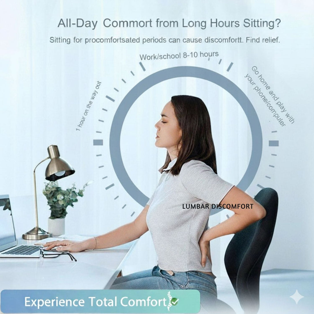 Infographic showing lumbar discomfort from 8-10 hours of sitting and JC HEALTH ergonomic cushion relief