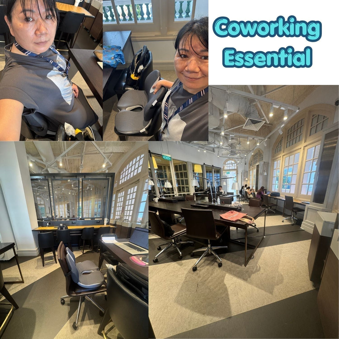 JC Health Singapore ergonomic seat cushion on a co-working office chair for hotdesking back pain relief.