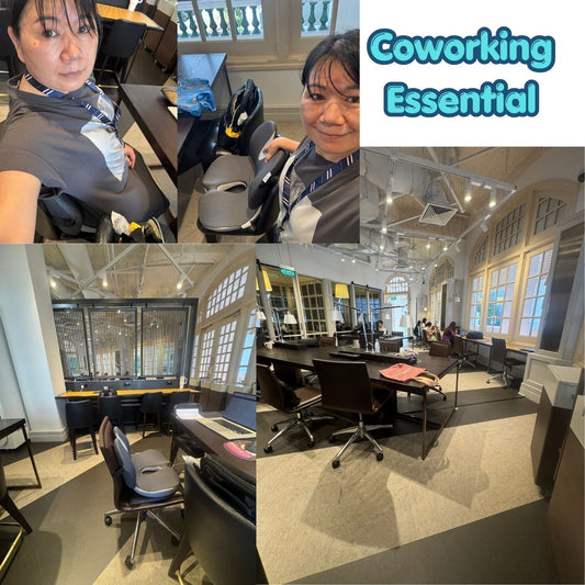 JC Health Singapore ergonomic seat cushion on a co-working office chair for hotdesking back pain relief.