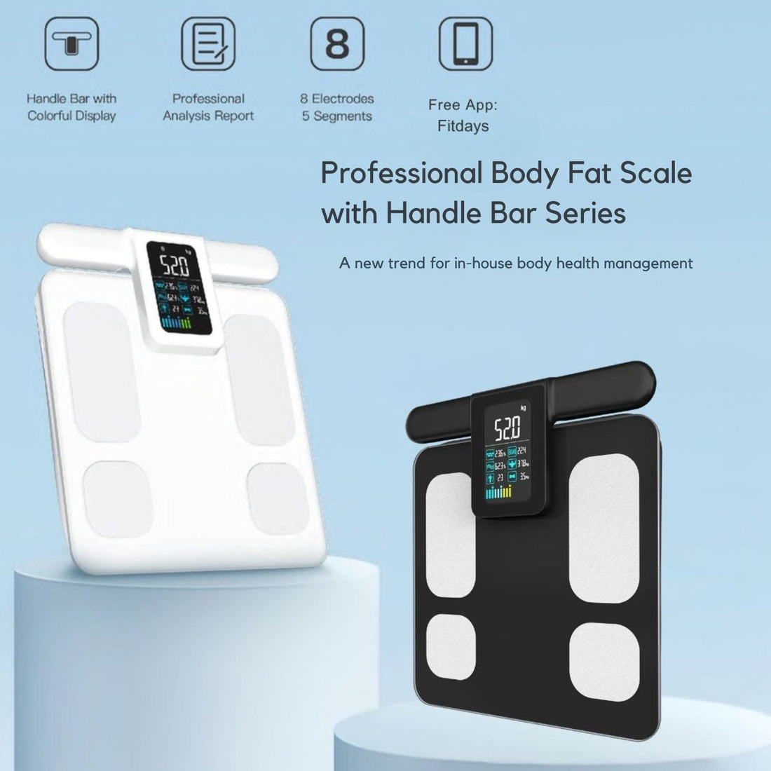 JC Health Pro 8-Electrode Smart Scale in black and white featuring retractable handle and color display for body composition tracking in Singapore