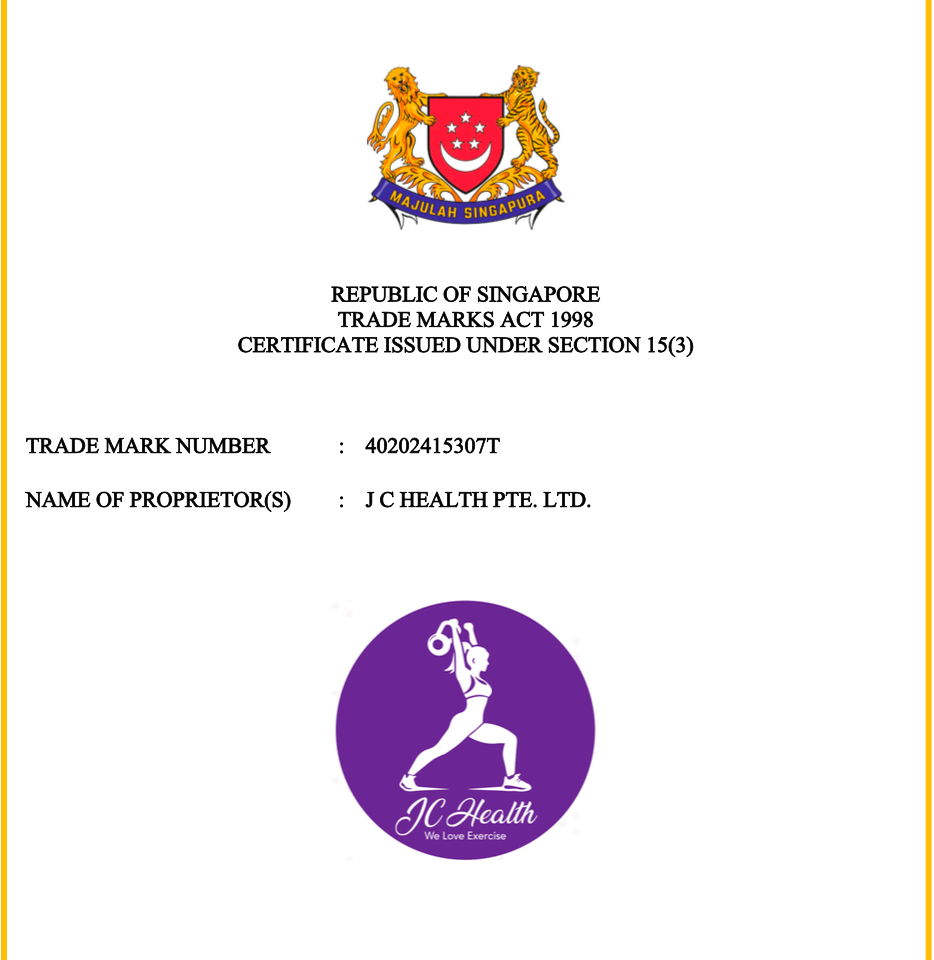 Official Singapore trademark certificate for J C Health and the "We Love Exercise" logo.