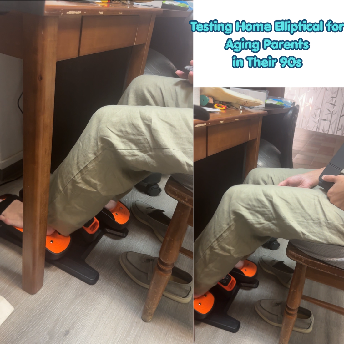 Caregiver testing orange electric seated elliptical machine under table for elderly parent.