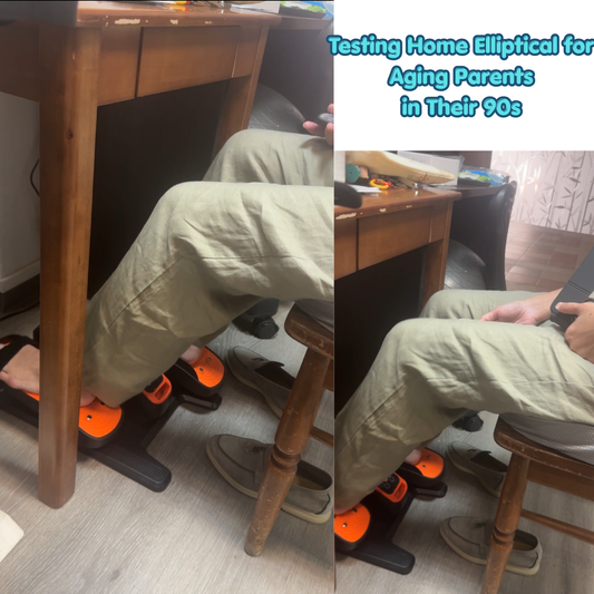 Caregiver testing orange electric seated elliptical machine under table for elderly parent.