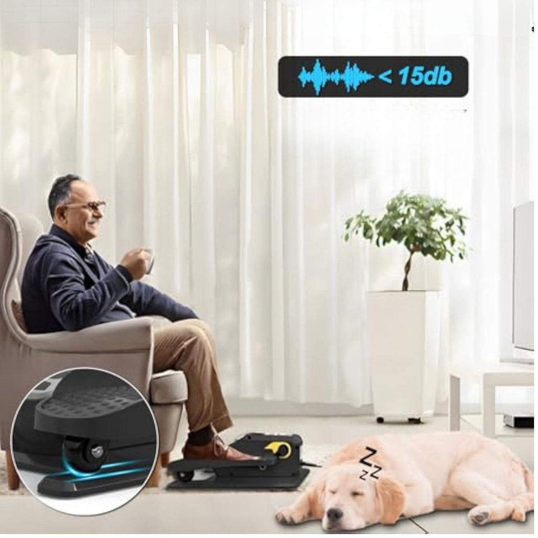 Elderly man using electric mini elliptical for leg swelling and circulation while sitting at home with his dog