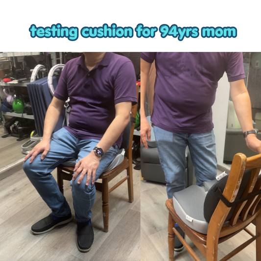 Customer testing ergonomic donut and lumbar seat cushion on a wooden chair for elderly mother at JCHealth store