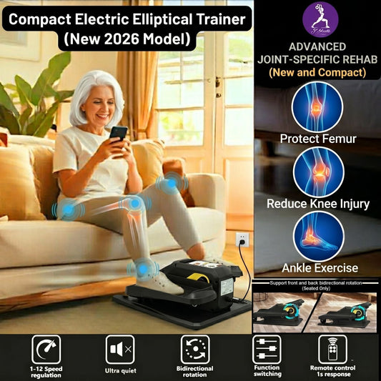 Elderly woman using JCHealth 2026 compact electric elliptical at home for hip, knee and ankle rehabilitation