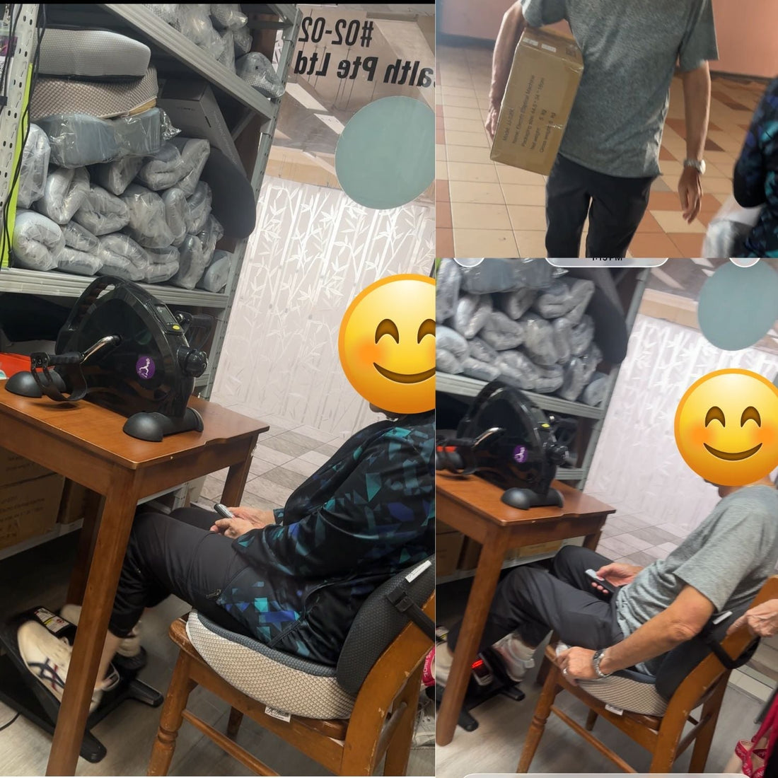 Senior couple testing the electric motorized mini elliptical bike for joint mobility and knee pain relief at the JC Health showroom in Waterloo Centre Singapore.