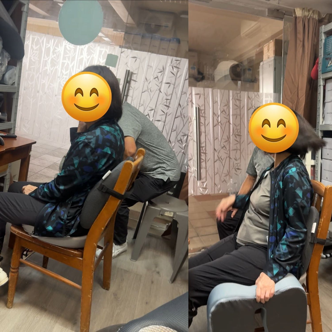 Senior customer testing the JC Health integrated lumbar support and seat cushion set for back pain relief during a posture consultation at the Waterloo Centre studio.
