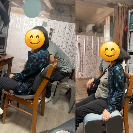 Senior customer testing the JC Health integrated lumbar support and seat cushion set for back pain relief during a posture consultation at the Waterloo Centre studio.